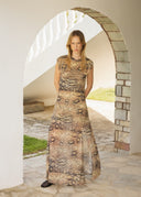 ESTHE Gathered Snake Print Midi Dress
