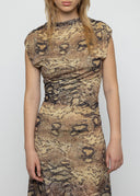 ESTHE Gathered Snake Print Midi Dress