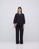 YERSE Black Wide Leg Embroidered Βαμβακερό Παντελόνι