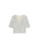 GRACE & MILA Woven Lloyed Ασημί Top Με Παγιέτα